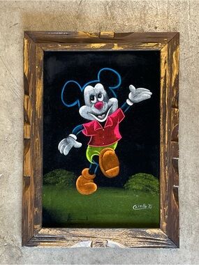 Vintage Mickey Mouse 70s Black Velvet Painting Wall Hanging Art Made in Mexico
